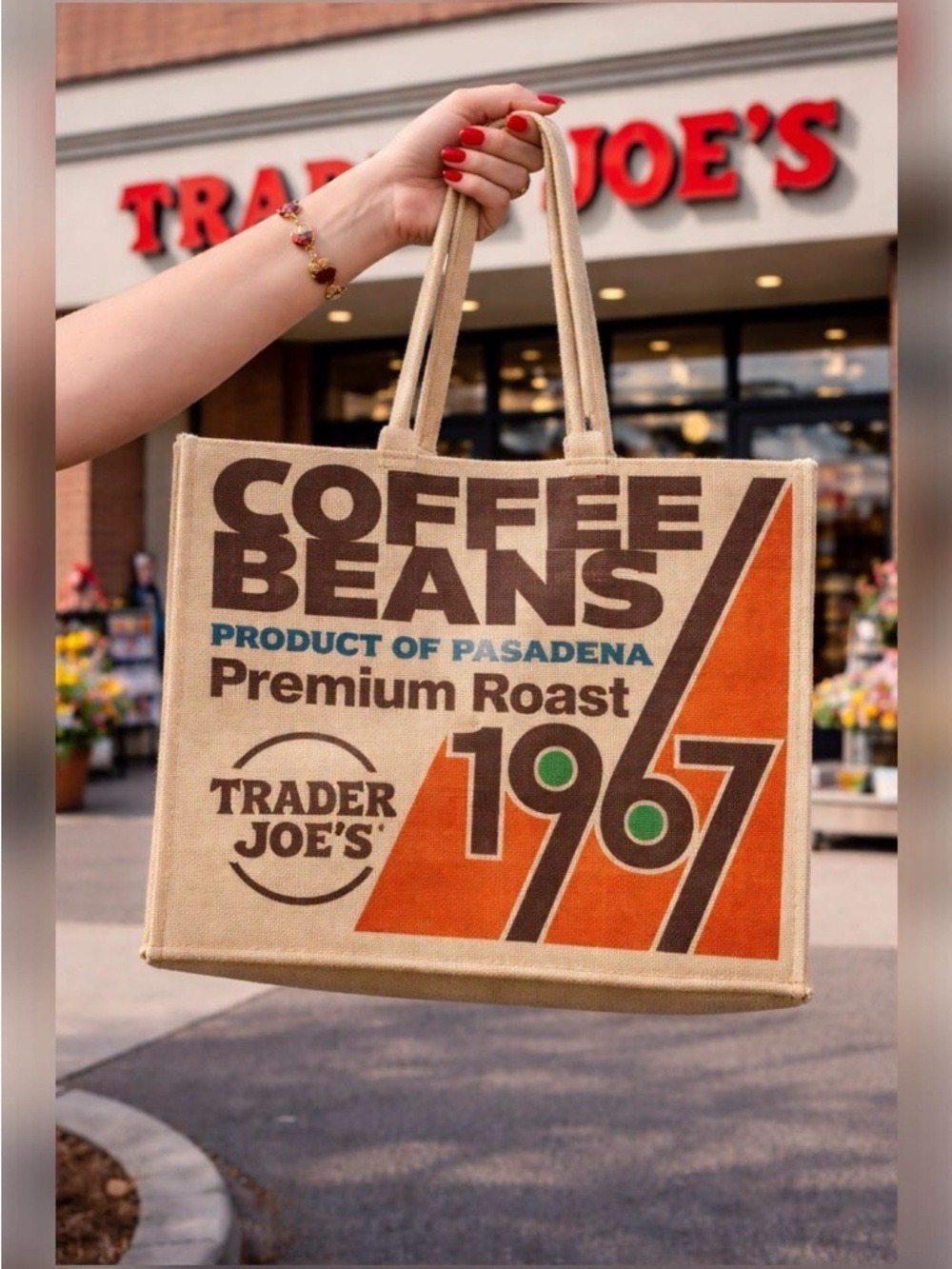 Trader Joe's Stylish Burlap Coffee Beans Tote, Tan and Orange, “1967” NWT - Picture 2 of 5